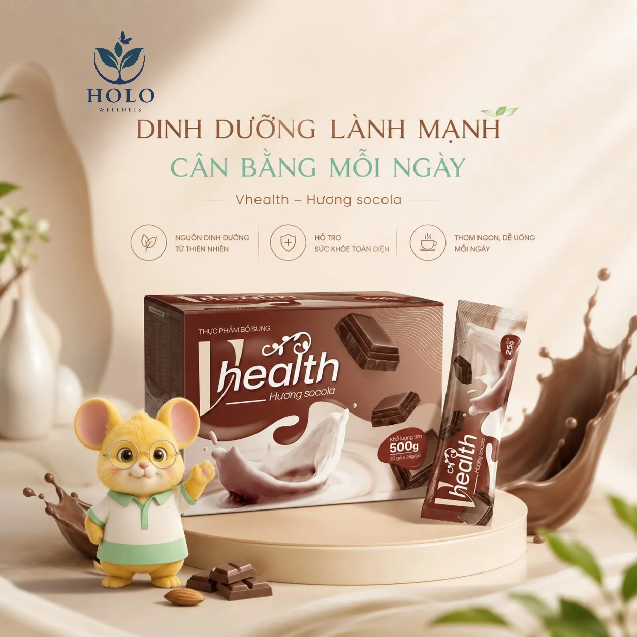 VHealth vị Socola hộp 20 gói – Bữa phụ bổ sung, hỗ trợ tiêu hóa & năng lượng, pha nóng/lạnh dễ uống