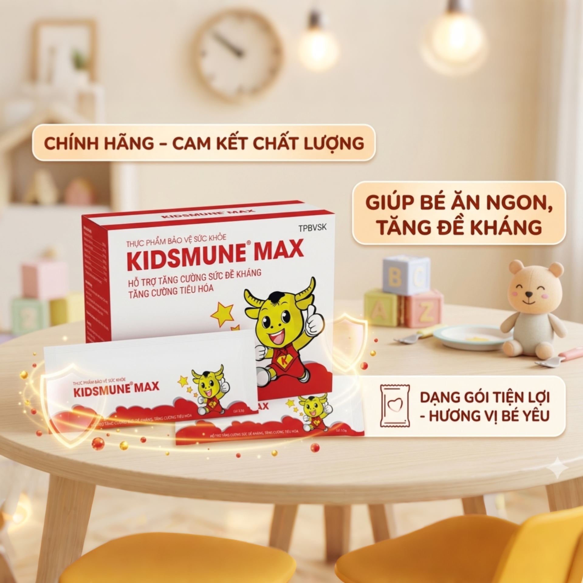 THỰC PHẨM BẢO VỆ SỨC KHỎE KIDSMUNE MAX – BÉ ĂN NGON, ĐỀ KHÁNG KHỎE, MẸ AN TÂM (Hộp 30 gói)