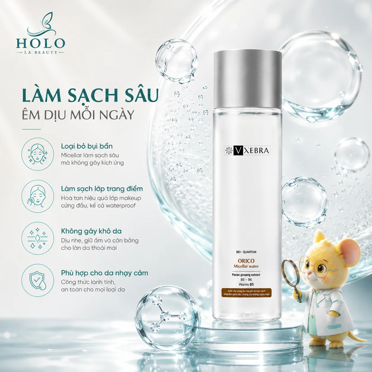 🌿 NƯỚC TẨY TRANG VXEBRA ORICO MICELLAR WATER – SẠCH SÂU, DỊU NHẸ, CẤP ẨM DA 🌿