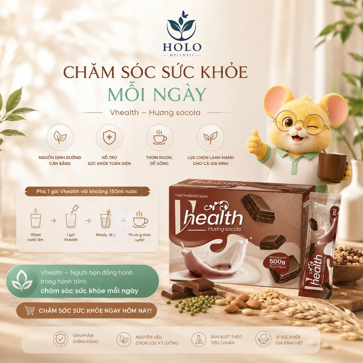 VHealth vị Socola hộp 20 gói – Bữa phụ bổ sung, hỗ trợ tiêu hóa & năng lượng, pha nóng/lạnh dễ uống