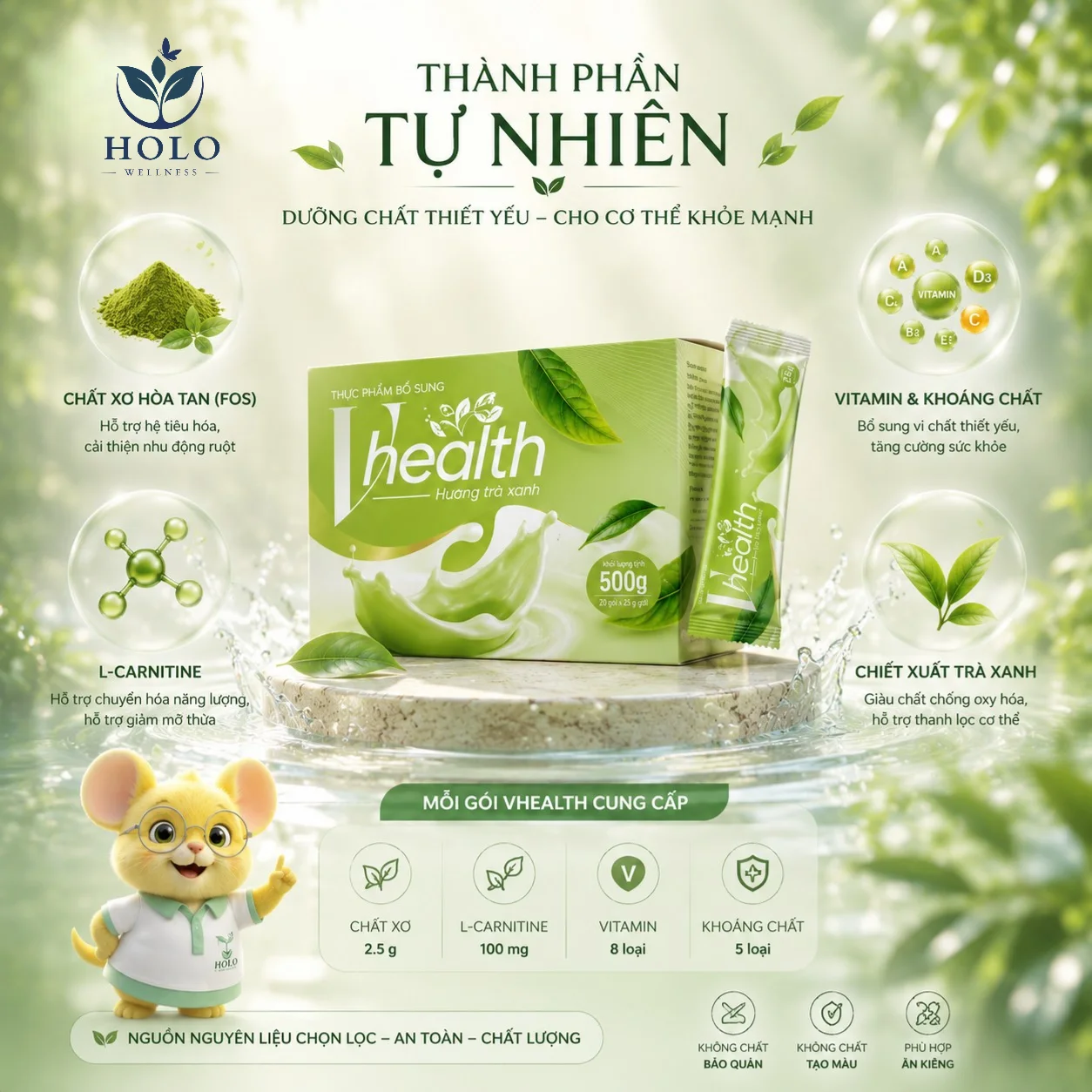 VHEALTH vị Trà Xanh – Dinh Dưỡng Vàng